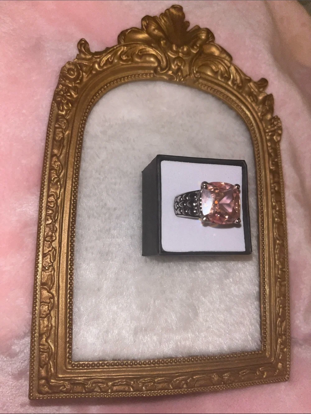 Rose Pink Cushion-Cut Ring in Dark Silver Band